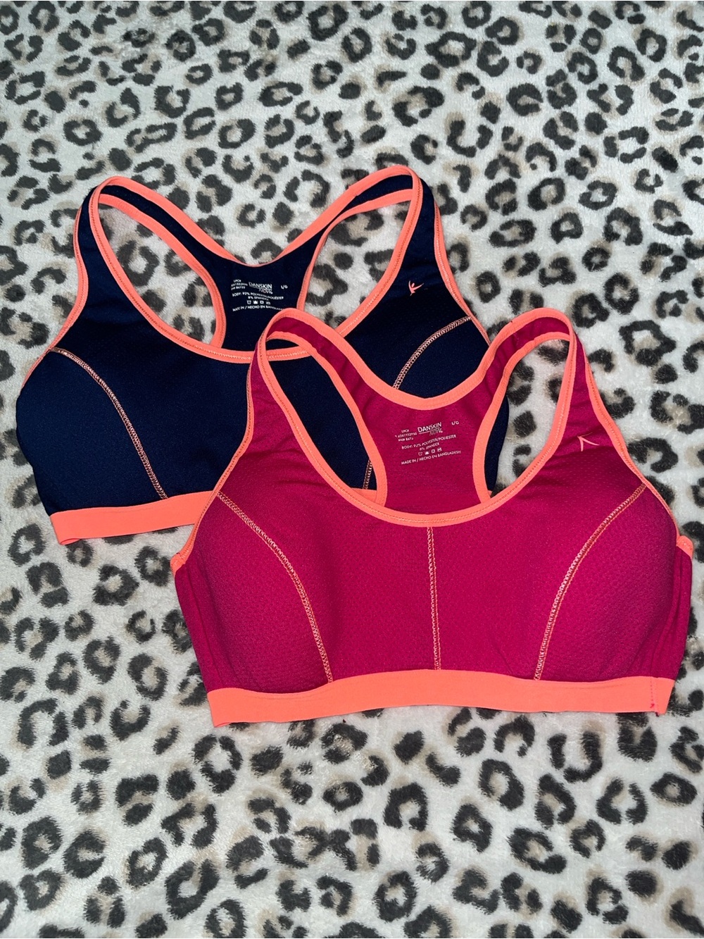 Danskin Now Navy & Magenta Sports Bras with Bright Coral Trim